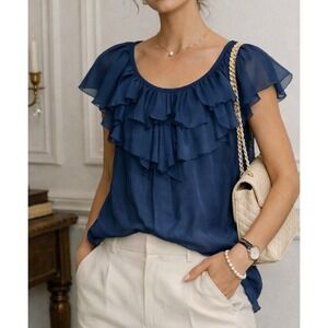 Hanii Y 100% Silk Chiffon Ruffle Blouse Blue Women 42 M Made Korea Sheer Top